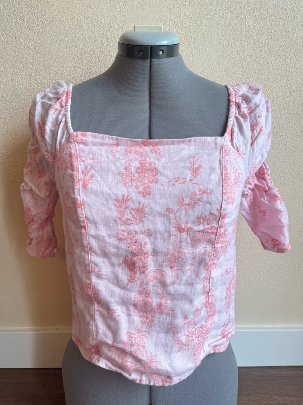 Cynthia Rowley 100% Linen Pink Toile Print Puff Sleeve Corset Top Cottagecore - Picture 2 of 12